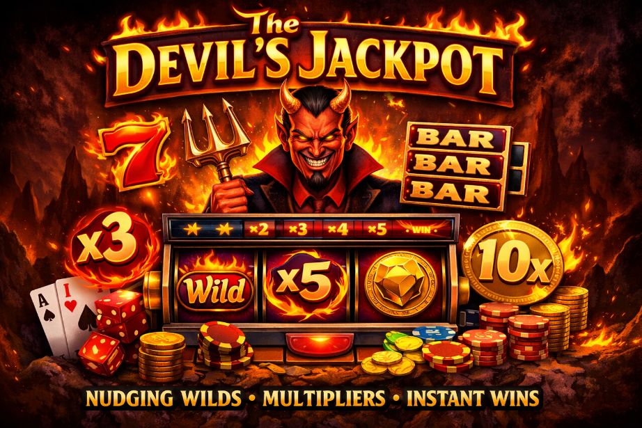 Devil’s Jackpot slot game illustration featuring a red devil character with pitchfork, classic 3-reel slot machine showing wild and x5 multiplier symbols, flaming 7 and BAR icons, casino chips and coins, highlighting nudging wilds, multipliers, and instant wins.