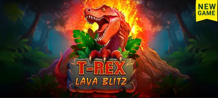 Fair Go Casino T-Rex Lava Blitz pokie artwork featuring roaring T‑Rex and erupting volcano
