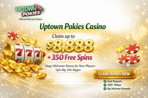 Uptown Pokies Casino welcome bonus banner offering up to $8,888 bonus and 350 free spins with claim bonus now call to action for Aussie players