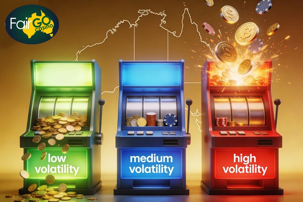 Australian pokies volatility banner with three slot machines showing low, medium and high risk levels and golden Australia map in background and fair go logo