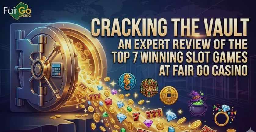 An open bank vault spilling gold coins, diamonds, and slot machine symbols representing the top 7 winning slots at Fair Go Casino.