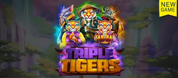 Triple Tigers RTG slot banner showing three cartoon tiger characters and supporting animal warriors around the Triple Tigers logo with a new game label for Australian online casino players