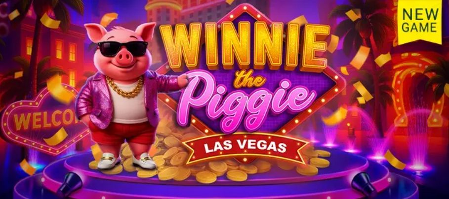Winnie the Piggie Las Vegas slot game artwork featuring a stylish pig mascot, casino chips, neon lights, and a Las Vegas backdrop.